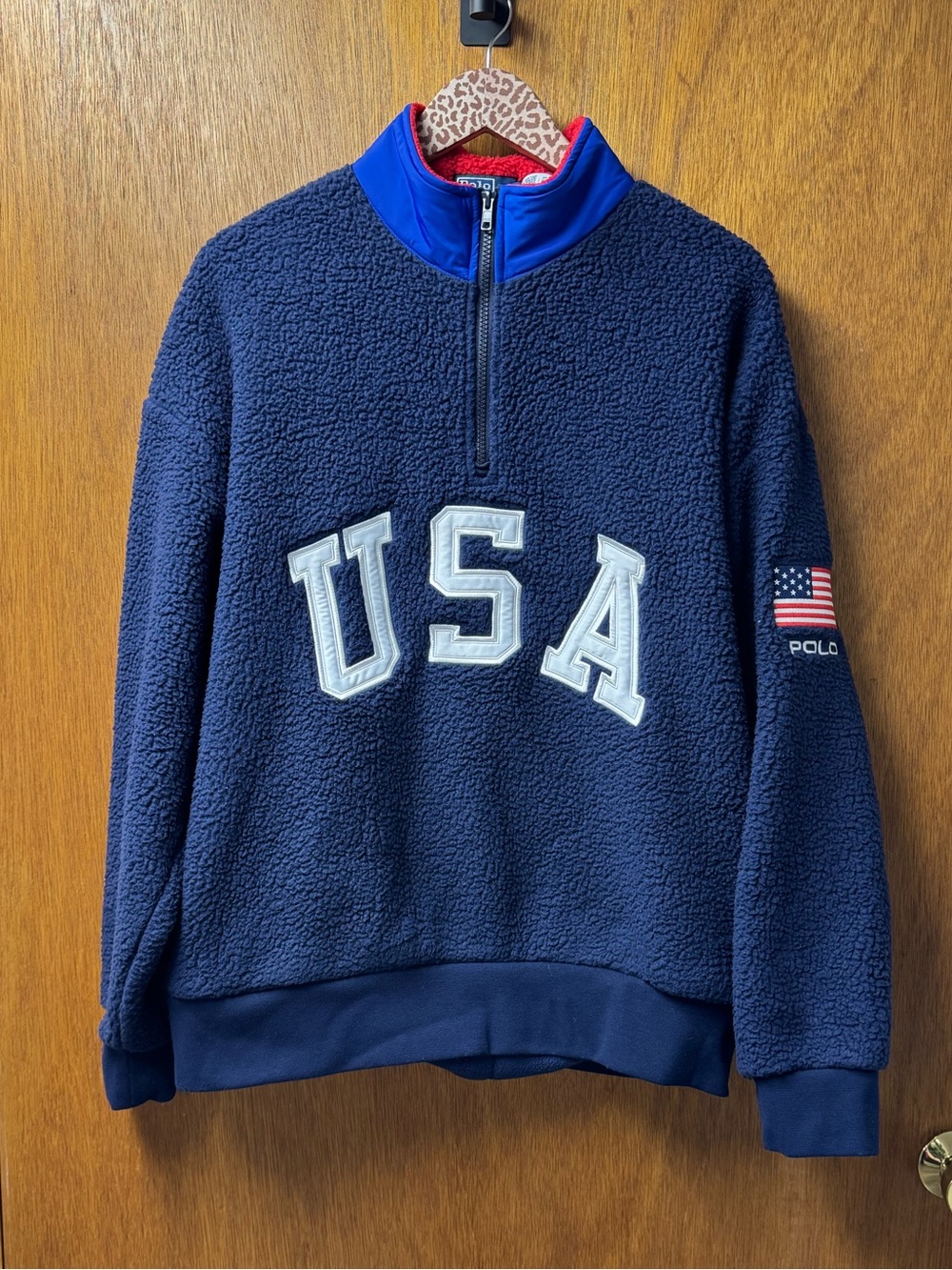 Polo Ralph Lauren Relaxed Fit Flag Fleece Pullover 1/4 Zip USA Blue Large Unisex - Picture 15 of 16